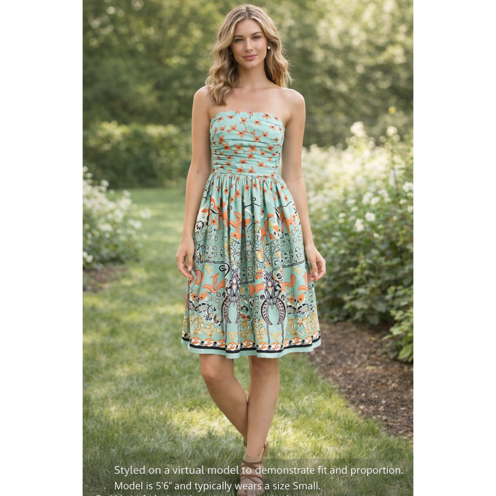 Twee Soft Girl Strapless Floral Bird Print Dress Small Boho Aqua Fit & Flare NWT